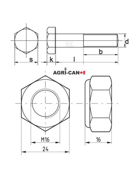 Flail Mower Bolts and Nuts - M16 X 100mm - 5/pack