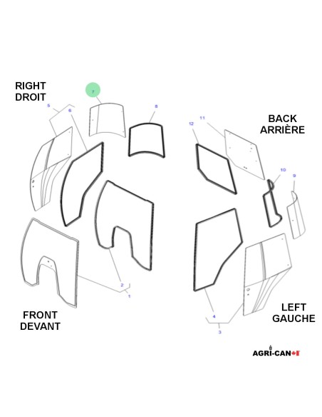 Vitre arrière courbée côté droit pour Massey Ferguson et Challenger - 3902131M1