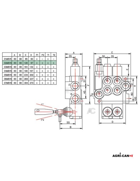 Valve hydraulique monobloc à 2 sections et position flottante – 50 L/min – SD5