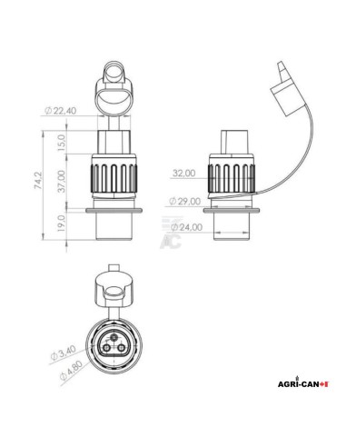 Fiche mâle 3 broches DIN 9680 – 12/24 V